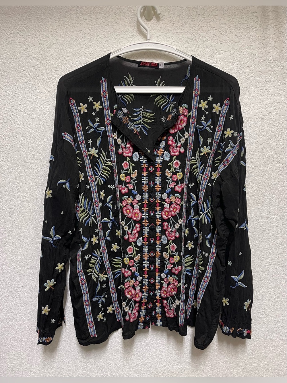 JOHNNY WAS Stripe Garden Embroidered Bohemian Floral Blouse Women’s Size M
